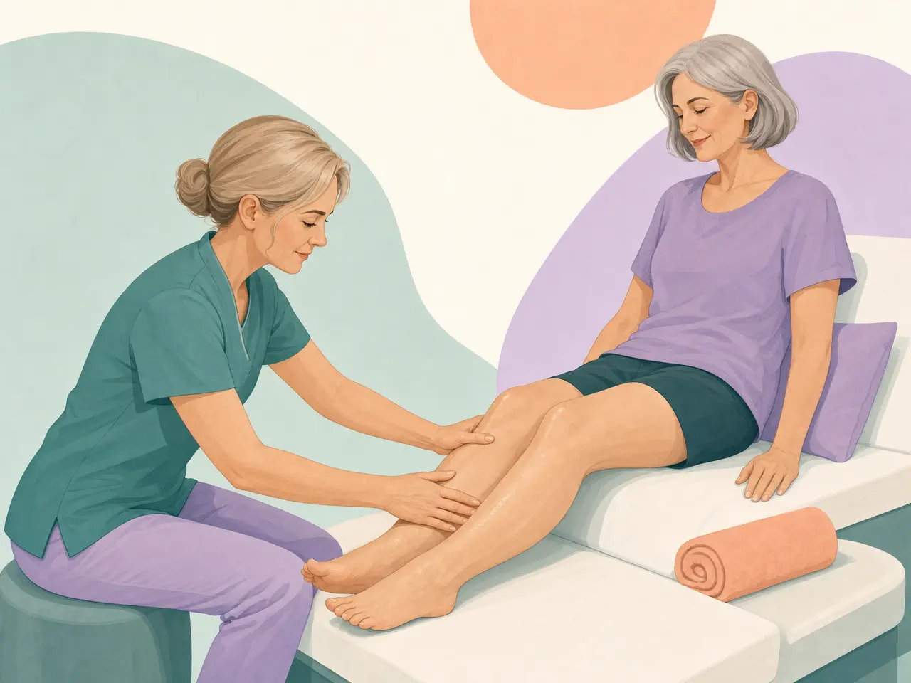 Illustration of gentle manual lymphatic drainage massage on both lower legs